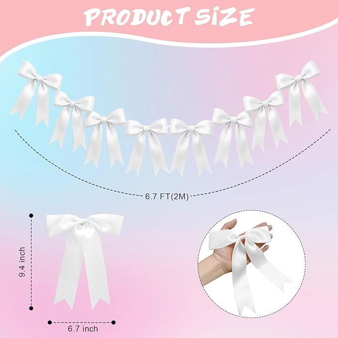 2 Strings of 16PCS White Bow Garlands Banner Decoration,Pre-Strung Satin Ribbon Ornaments for Birthday,Bachelorette Party,Bridal Shower,Wedding,Engagement,Baby Shower, Graduation Decor,Anniversary