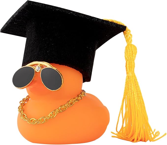 wonuu Car Dashboard Decor Graduation Hat Color Rubber Duck, Car Ducks Ornaments with Mini Graduation Hat Necklace Sunglasses (Orange)