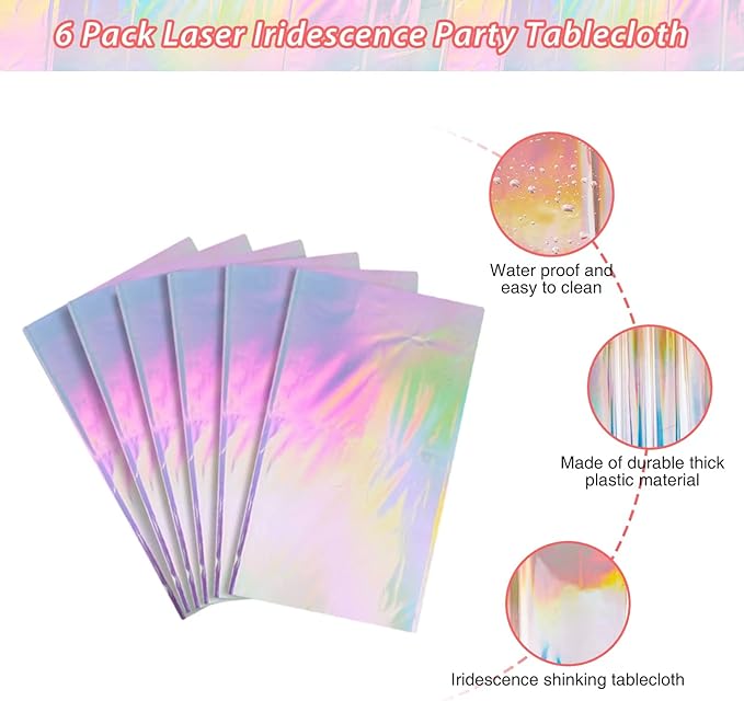 6 Pack Iridescence Plastic Tablecloths Shiny Disposable Laser Rectangle Table Covers Holographic Foil Tablecloth Iridescent Party Decoration Birthday Bridal Wedding Christmas 54" x 108"(Laser)