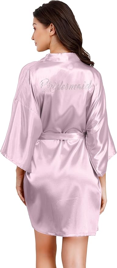 EPLAZA Women's One Size Silver Rhinestones Bride Bridesmaid Short Satin Robes for Wedding Party Getting Ready