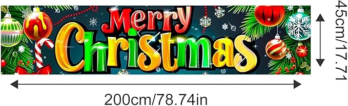 Merry Christmas Fence Banner with Ornaments and Candy Cane Decor 78 x 17 Inch Outdoor Holiday Yard Lawn Decoration Home Front Door Christmas Decoration