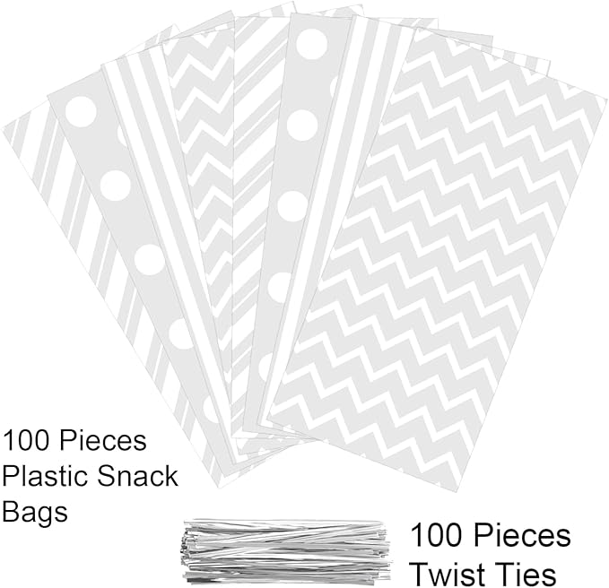 Aneco 100 Pack White Cellophane Plastic 10.6 x 5.1 Inch Candy Gift Goodie with Twist Ties for Valentine, Birthday, Gift Cookie Snack Packing Party Favor Supplies
