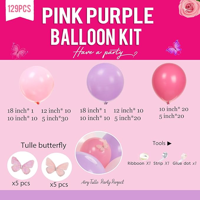 Butterfly Baby Shower Decorations with 142Pcs Pink and lavender Purple balloons delicate tulle butterflies Decor for Girls A Little Butterfly Is On The Way Fairy Elf Birthday Party Decorations