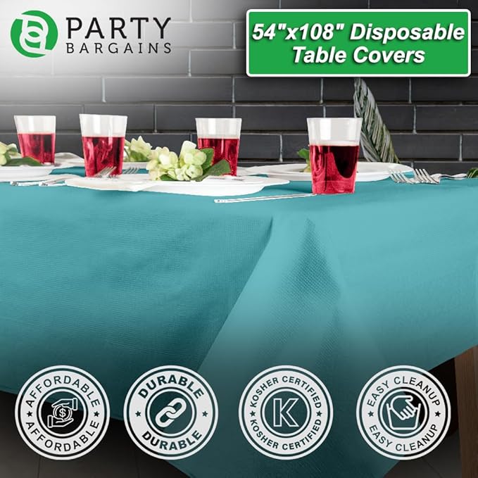 PARTY BARGAINS Disposable Table Covers, 54 x 108 Inch, Turquoise, 3-Ply Paper & Plastic Spill-Resistant Party Tablecloths, 40 Pack
