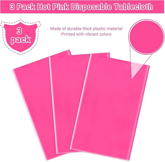 MRJ 3 Pack Hot Pink Disposable Table Cloth 54 x 108 Inch Rectangle Tablecloths for Birthday Party Decorations Plastic Table Cover