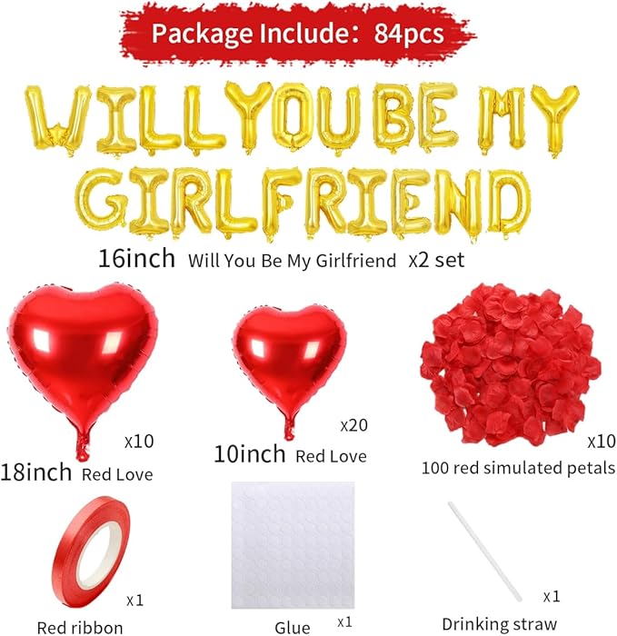 2 set 16 inch Will You be My Girlfriend Balloons and Heart Balloons with 1000 Pieces Rose Petals, Gold Letter Balloon for Her Valentines Day Decorations Wedding Anniversary Engagement