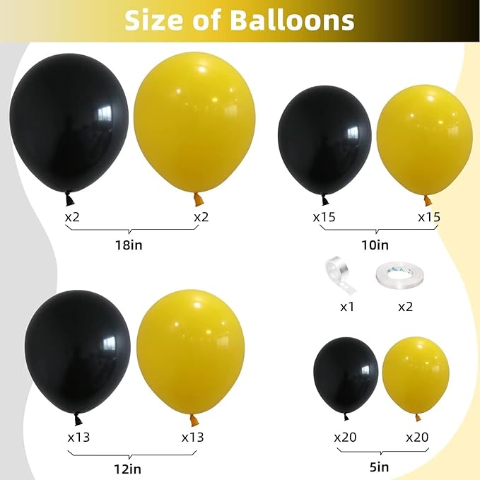 Black and Yellow Balloon Arch Kit - 100pcs Balloon Garland Kit with Black and Yellow Balloons in 18/12/10/5 inch Sizes for Baby Shower or Birthday Parties - Bee and Bumblebee Themed Decoration