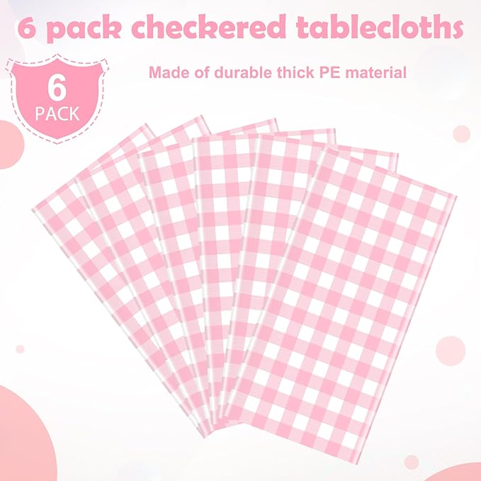 6pcs 54X108inch Pink Checkered Tablecloth,Pink Gingham Tablecloths Buffalo Plaid Disposable Plastic Table Covers for Birthday Baby Shower Bridal Wedding Party Birthday Decorations