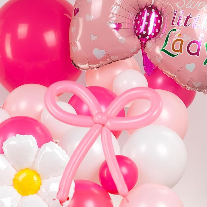 Hot Pink and White Daisy Bow Balloon140pcs with DIY Bow Daisy Balloons for Cute Cartoon Birthday Girl Bow theme Baby Shower Party Coquette birthday decorations