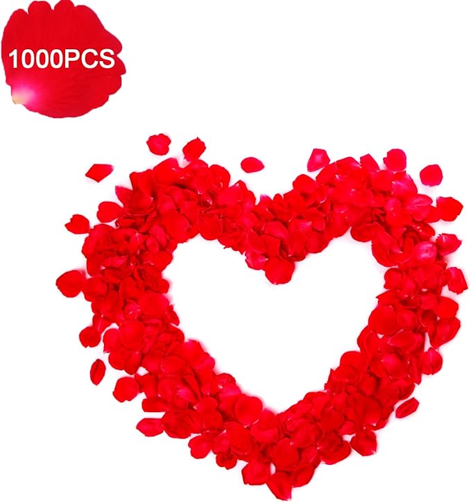 Anniversary Decorations Kit - 1000 Artificial Rose Petals & Red Heart Foil Balloons Set with Love Banner - Romantic Room Decor for Wedding Night, Proposal & Couples Special Events