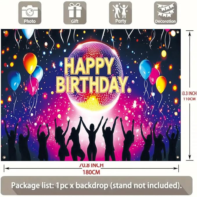 Happy Birthday Porch Banner 71x43 Inch, Large Disco Party Backdrop with Neon Lights Balloons and Dance Crowd, Birthday Decorations for Indoor Outdoor Yard Patio Wall Hanging