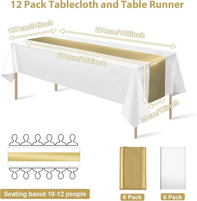 12Pack 12x108 Inch Satin Table Runner and 54x108Inch Plastic Tablecloths Set White and Gold Disposable Rectangle Table Cover for Graduation Wedding Bridal Shower Anniversary Birthday Party Decorations