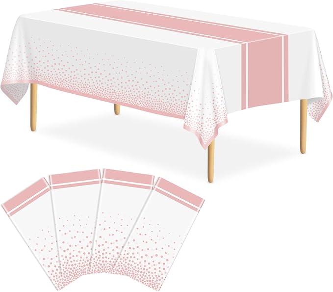 4 Pack White and Rose Gold Tablecloth Party Decorations Plastic White Tablecloth Printed Rose Gold Table Runner 54 x108 Inch Disposable Rectangle Table Cover for Birthday Wedding Graduation