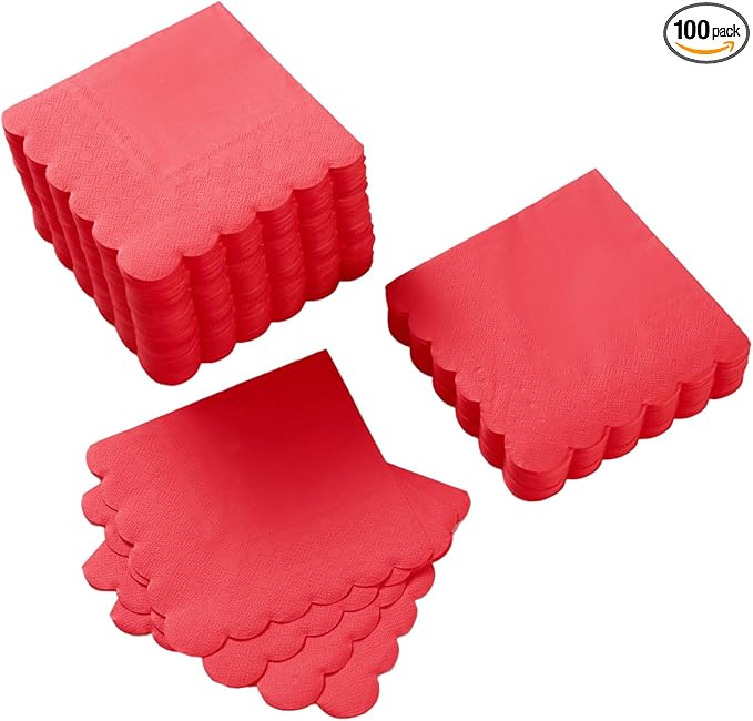 100 Pack Cocktail Napkin 2-Ply Scalloped Edged Dessert Napkins Folded 5 x 5 Inches Disposable Napkins for Dinner Wedding Birthday Party Bridal Anniversary Reception Event (Red)