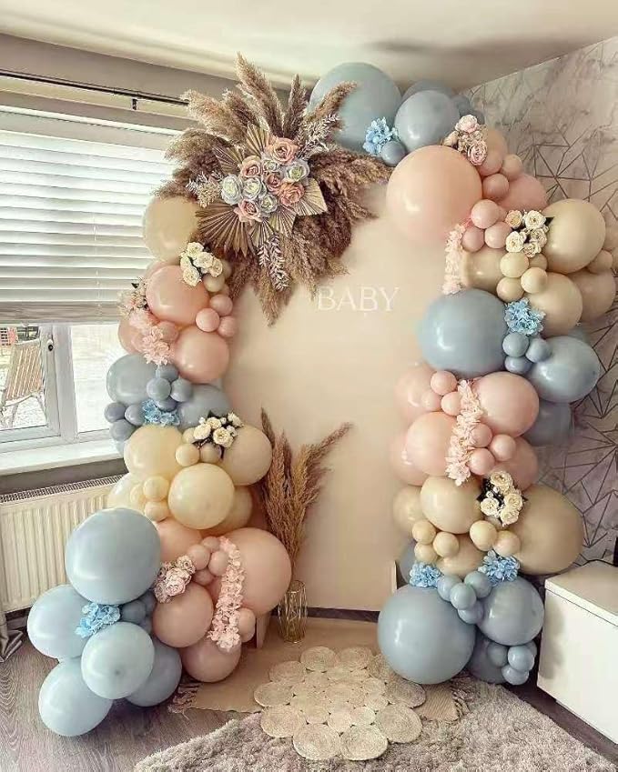 Gender Reveal Balloons Garland Arch Kit 154Pcs - 5 10 12 18 inch Different Size Pink Blue Sand White Balloon for Gender Reveal Boho Bachelorette Birthday Wedding Neutral Theme Decoration