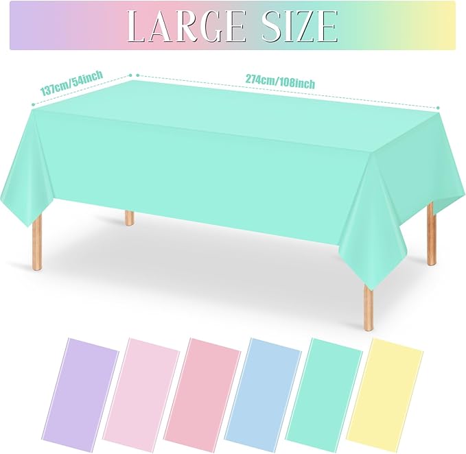 12Pack Pastel Color Tablecloths,Plastic Mix Color Tablecloth Disposable Rectangle Table Covers for Baby Shower, Wedding, Birthday Party, Easter and Ice Cream Party Decoration,6 Color, 54 x 108 Inch