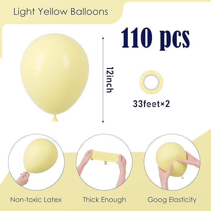 110pcs Pastel Yellow Balloons 12inch Light Yellow Latex Party Balloons for Graduation, Easter, Wedding, Birthday, Bridal Shower, Sunflower Party, Baby Shower, Anniversary Party Decorations