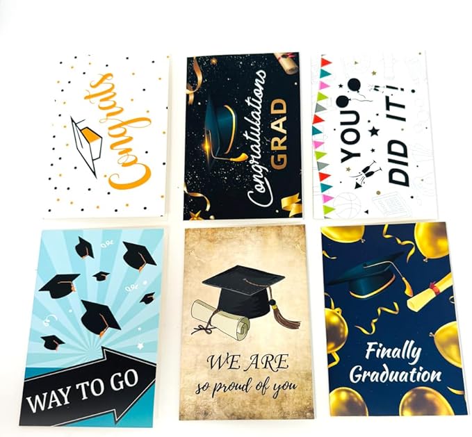 6 Pack Gold Foiled 5x7in 2025 Graduation Cards 2025 with Envelopes and Stickers, 6 Elegant Designs Graduation Card Pack