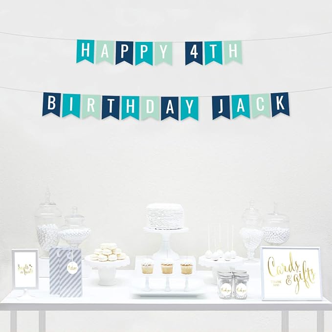 Andaz Press Personalized Hanging Pennant Banner Party Decorations, Aqua, Seafoam Mint Green, Navy Blue, Happy 4th Birthday Jack, 1-Pack, Approx. 5-Feet, Custom Name and Number