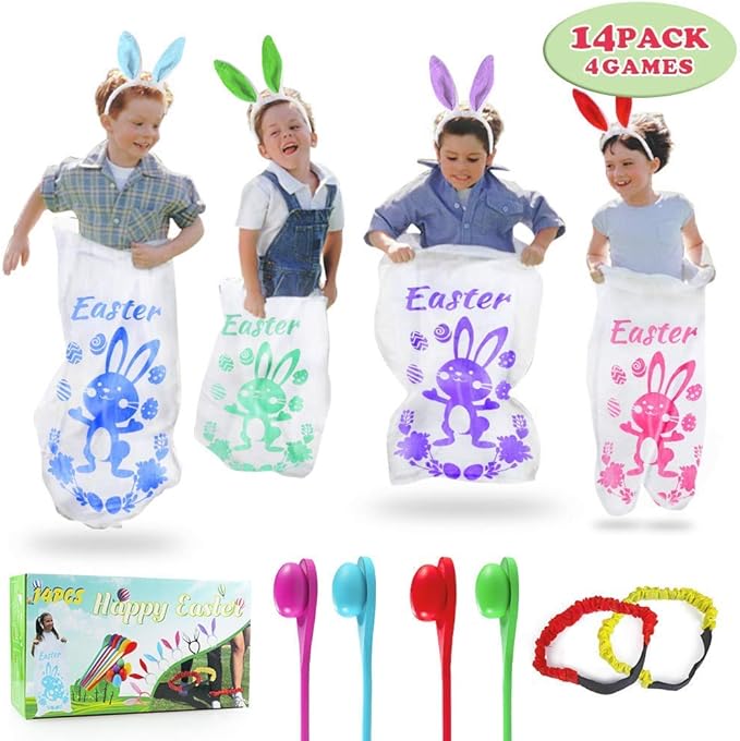 18PACK Easter Party Games for Kids, Easter Potato Sack Race Bags,Bunny Ears Headbands, Egg and Spoon Race Games,Legged Relay Race Bands,Easter Outdoor Games for Easter Eggs Hunt,Easter Party Supplies