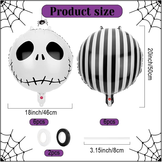 12 PCS Halloween Skull Foil Black and White Striped Balloons(18 Inch) Nightmare Honor Theme Birthday Party Decorations Spooky Ghost Skeleton Cat Baby Shower Day of The Dead Indoor Outdoor Decor