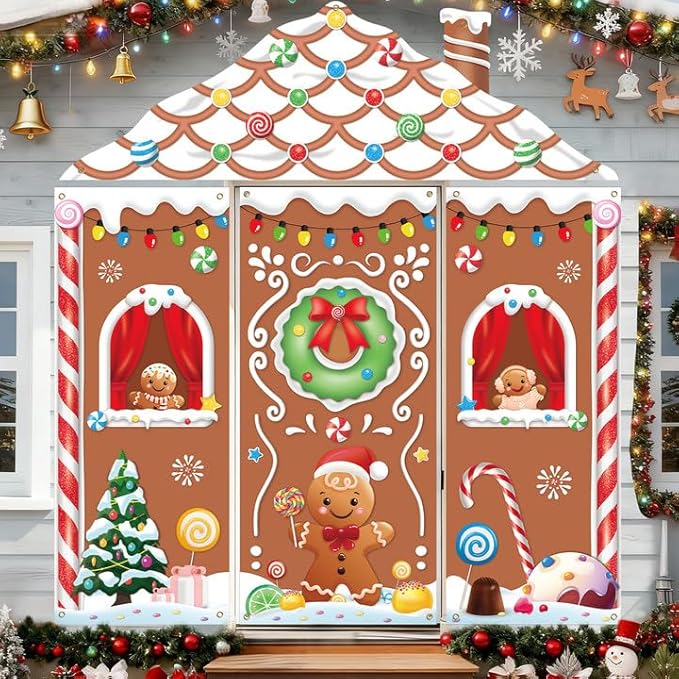 4pcs Gingerbread House Door Cover Decorations, Christmas Gingerbread Door Banner Backdrop for Christmas Holiday Party Decor, 110.24 * 98.43 in