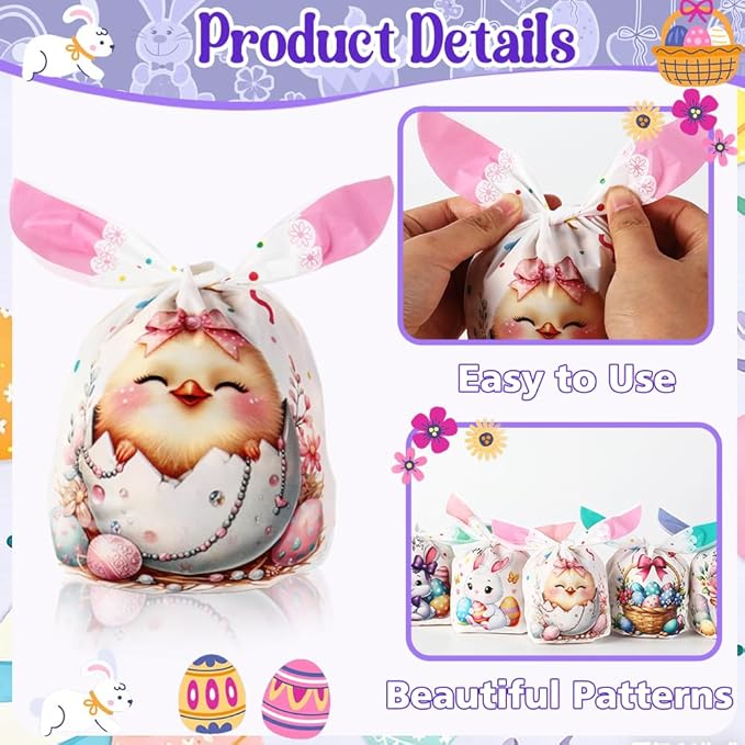 Easter Goodies Bags, Happy Easter Gift Bags, 100 Pcs Cute Bunny Plastic Treat Candy Cookie Snack Goody Reusable Bag for Gifts Wrapping Spring Holiday Easter Party Favor Decorations Supplies 6 Designs