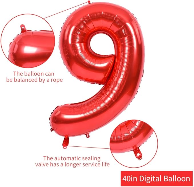 TONIFUL 40 Inch Red Large Numbers Balloons 0-9, Number 9 Digital 9 HeliumFoil Mylar Big Number Balloons for 2026 Mother's Day New Year Eve Graduation Valentine's Day Birthday Party Anniversary Party