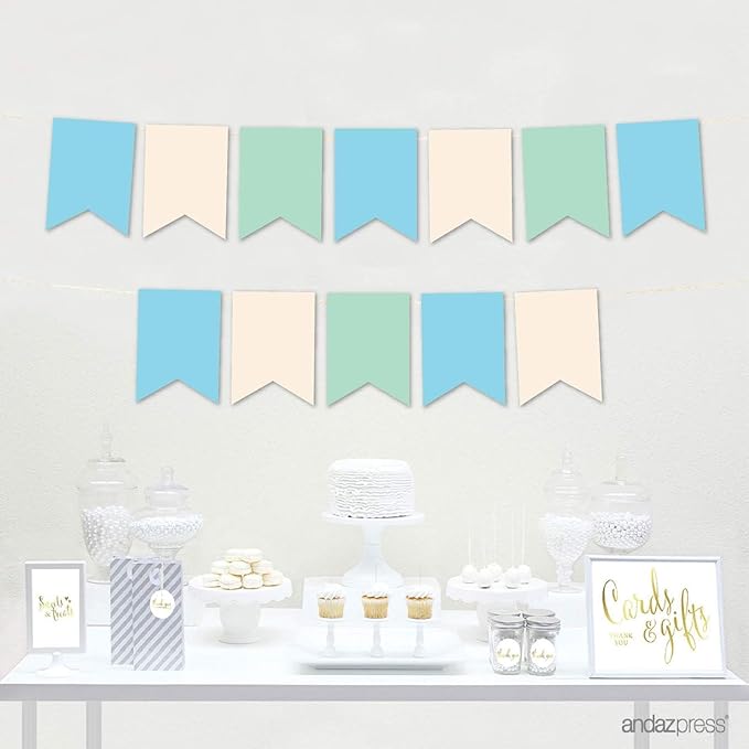 Andaz Press Hanging Pennant Banner with String, Baby Blue, Ivory, Mint, 1-Set, 24 Pennants, Approx. 12-Feet Long