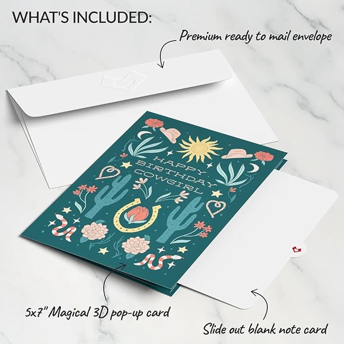 Lovepop Birthday Pop-Up Card for Her and Him - 3D Greeting Cards for Boys, Girls, Men, Women - Happy Birthday Cowgirl - 5" x 7" Card - Blank Note Card & Envelope Included