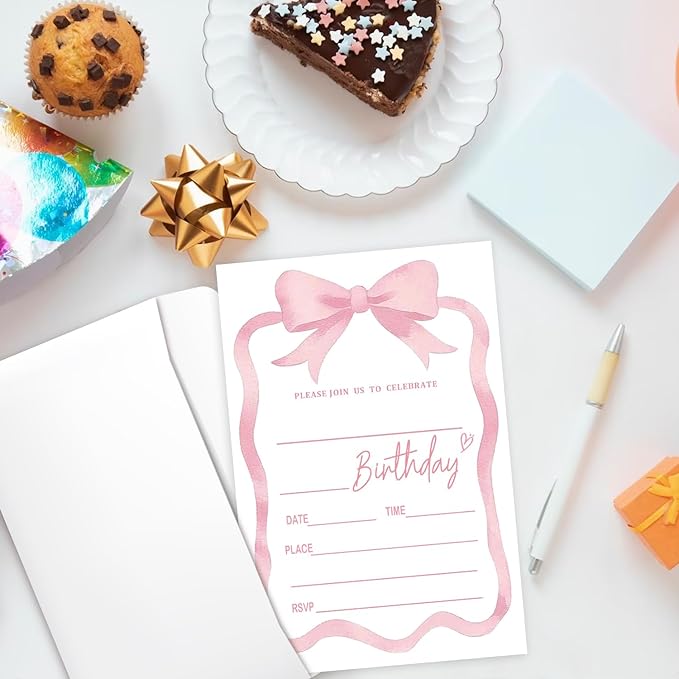 Pink Bow Birthday Invites Cards Party Invitation Cards for Girls Kids Adults Party Invitations 4x6 Inch Blank Invitations with Envelopes 20 Pcs Double Sided Invitation Card for Girls Birthday YT0081