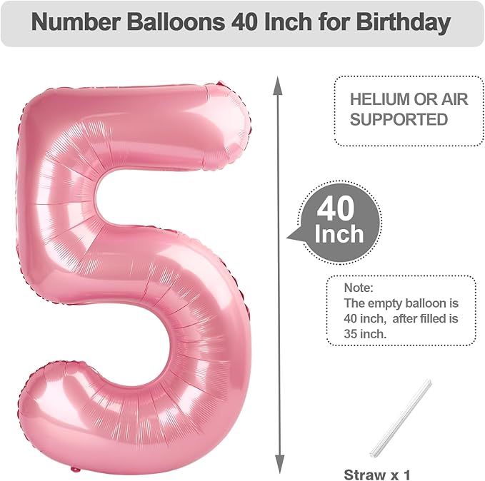 Number 5 Balloon 40 Inch, Foil Balloons for Boys And Girls, Pearl Pink Numbers Balloon for 5, 15, 25, 50 Birthday Party Decoration, Anniversary, Wedding, Single Supplies