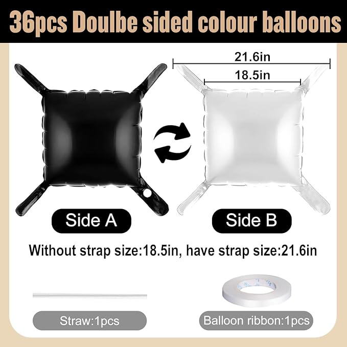 36Pcs Black and White Square Foil Balloons Wall Backdrop, Double Sided Metallic Foil Balloons Tunnel Arch Garland Kit for Photo Booth Birthday Wedding Halloween Christmas Party Decorations