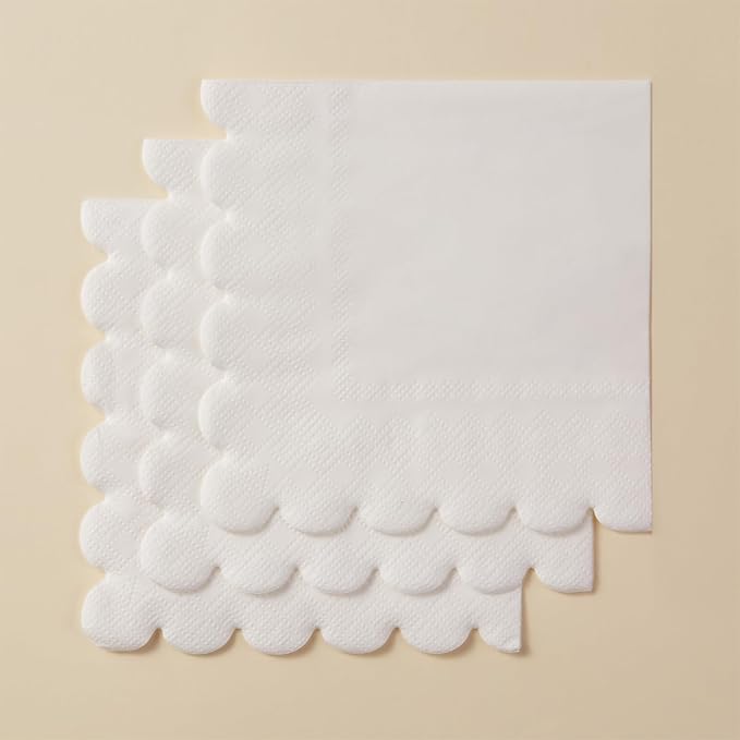 100 Pack Cocktail Napkin 2-Ply Scalloped Edged Dessert Napkins Folded 5 x 5 Inches Disposable Napkins for Dinner Wedding Birthday Party Bridal Anniversary Reception Event (White)