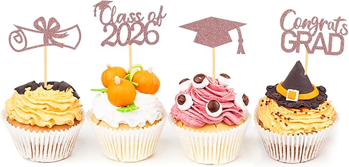 2026 Graduation Theme Cupcake Toppers Glitter Class of 2025 Graduation Cap Diploma Cupcake Picks - Set of 24 (Rose Gold2)