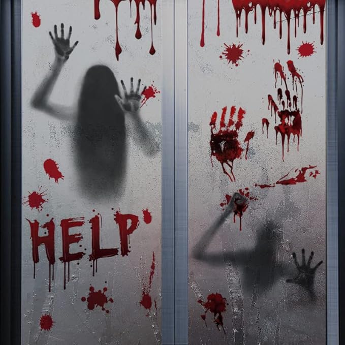 Halloween Decorations Set Bloody Backdrop Banner + Ghost Shadow Blood Footprint Handprint Floor Cling Decal for Bloody Party Spooky Zombie Vampire Party Supply Garage Yard Outdoor Indoor Decor