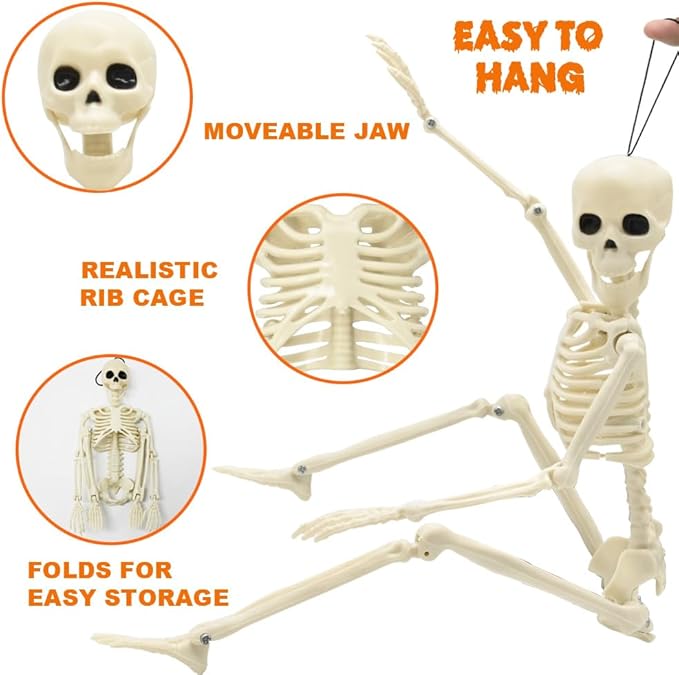 6 Packs Halloween Skeletons, 16 Inch Posable Skeletons Halloween Decorations with Movable Posable Joints, Full Body Mini Plastic Skeleton for Yard Garden Lawn Haunted House Graveyard Props Decor