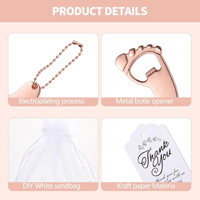 50 PCS Footprint Bottle Opener，Baby Shower Favors for Guest Souvenirs Supplies and Decorations with Organza Bags Tags and 1 Roll Jute Rope (Rose gold)