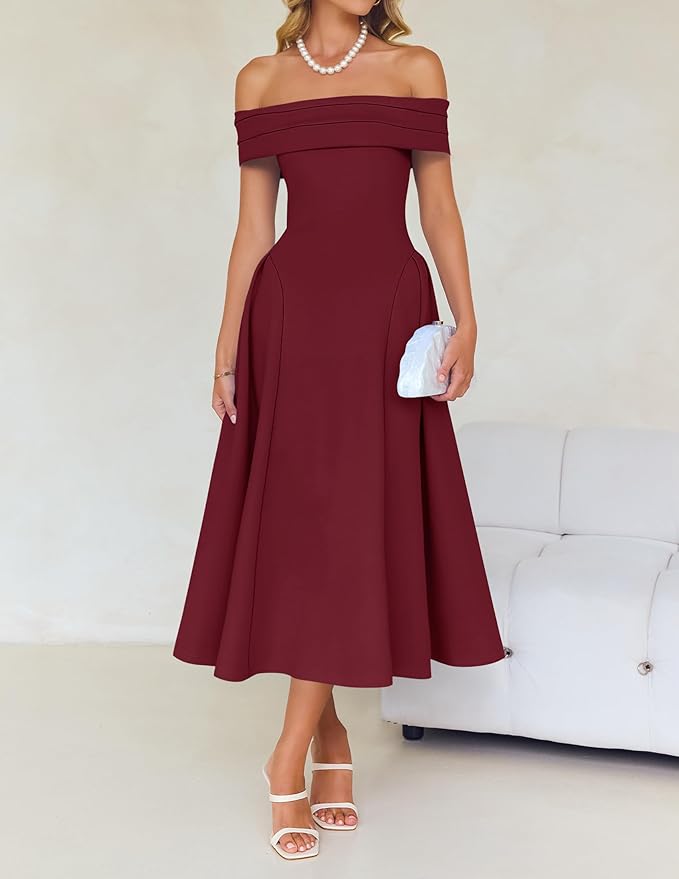 ZESICA Summer 2026 Cocktail Dresses for Women's Off Shoulder Short Sleeve Swing A Line Wedding Evening Party Midi Dress