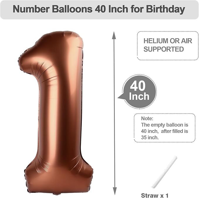 Number 1 Balloons 40 Inch, Coffee Brown Balloons for Birthday Party Decoration, Big Number Ballon for 1, 10, 11, 12, 13, 21, 100 Celebration, Boy and Girl Birthday, Baby Shower, Anniversary Decor