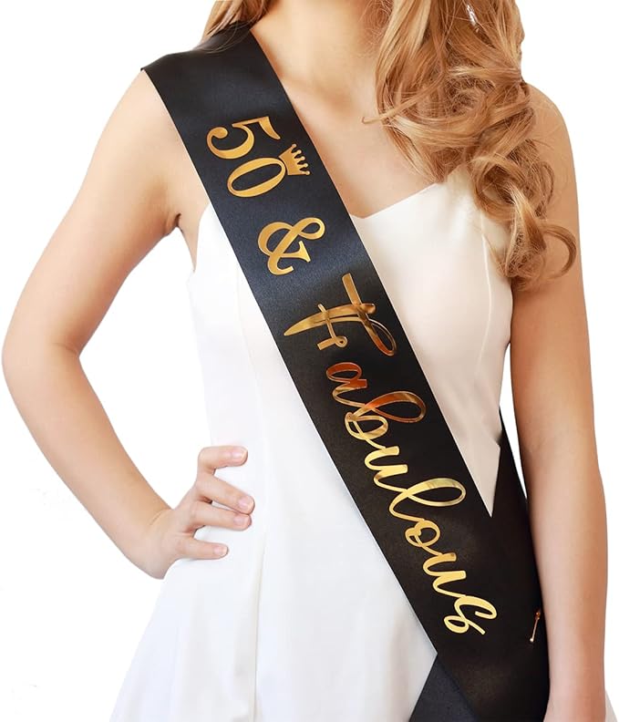 50th Birthday Sash for Women and Men,50&Fabulous Sash Black with Gold Foil Lettering.
