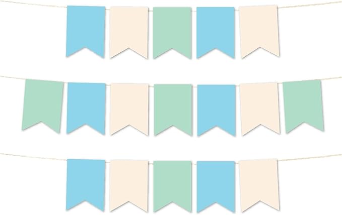Andaz Press Hanging Pennant Banner with String, Baby Blue, Ivory, Mint, 1-Set, 24 Pennants, Approx. 12-Feet Long