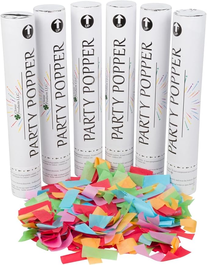 12" Biodegradable Confetti Cannons | 6 Pack Confetti Poppers for Weddings, Birthdays & Parties | Air-Powered Party Poppers Shoot 25 Feet | Safe for Indoor & Outdoor