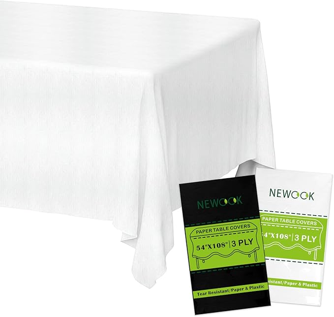 White Paper Tablecloths Disposable for Rectangle Tables 6 Pack, 3 Ply Paper & Plastic Quality Table Cloth for Parties, 54 x 108 Inch Birthday Table Cover Outdoor Wedding Banquet Tablecover