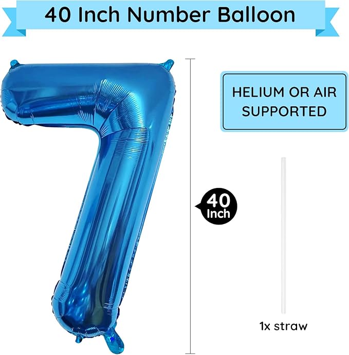 40 Inch Blue Number Balloon 7, Large Number Foil Balloons Mylar for Girl Boy Birthday Party Celebration Decorations Supplies, Digital Balloons for Wedding Anniversary Events Decorations