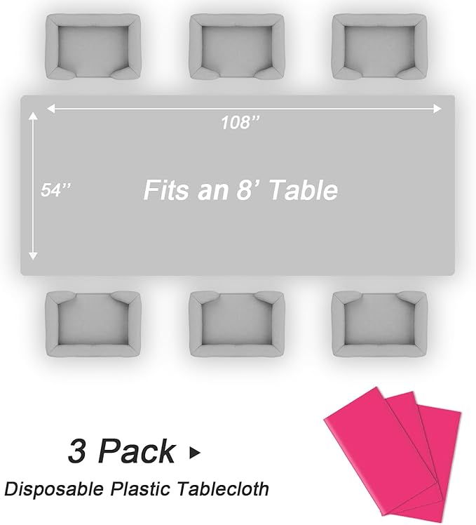 QIKSION Hot Pink Plastic Table Cloth Disposable 3 Pack, 54 x 108 Inch Tablecloths for Birthday Party, Valentines, Mothers Day Decorations, Rectangle Table Cover