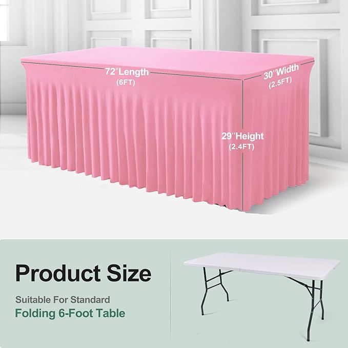 Table Skirts for Rectangle Tables 6ft - 2 Pack One-Piece Pink Tablecloths and Skirt, Wrinkle Resistant Ruffles Elastic Cover for Banquets, Weddings, Events, Parties
