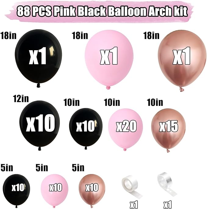 Pink and Black Balloon Arch Kit, Light Pink and Black Balloons Garland with Metallic Rose Gold Balloons, Baby Pink Balloons for Girls Women Birthday Bachelorette Princess Party Decorations