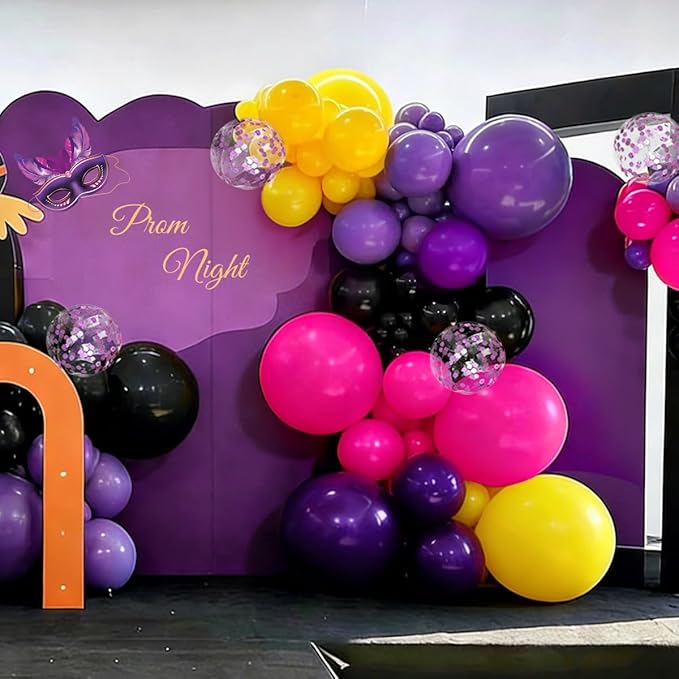 Hot Pink Purple Black Yellow Baloon Garland Arch Kit, 146Pcs Latex Balloons Different Sizes 18 12 10 5 inch for Birthday Wedding Graduation Engagement Party Decorations