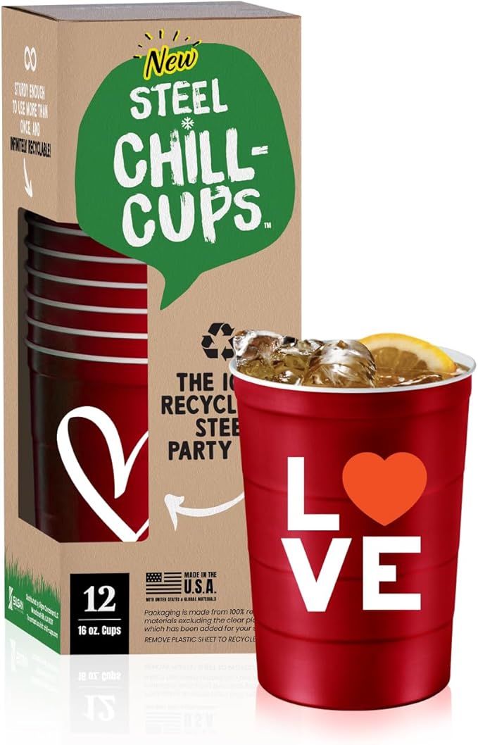 16 oz. Party Cup Love Heart Design for Cold Drinks, Durable, Disposable, Recyclable, Made in USA, Red, 12 Count